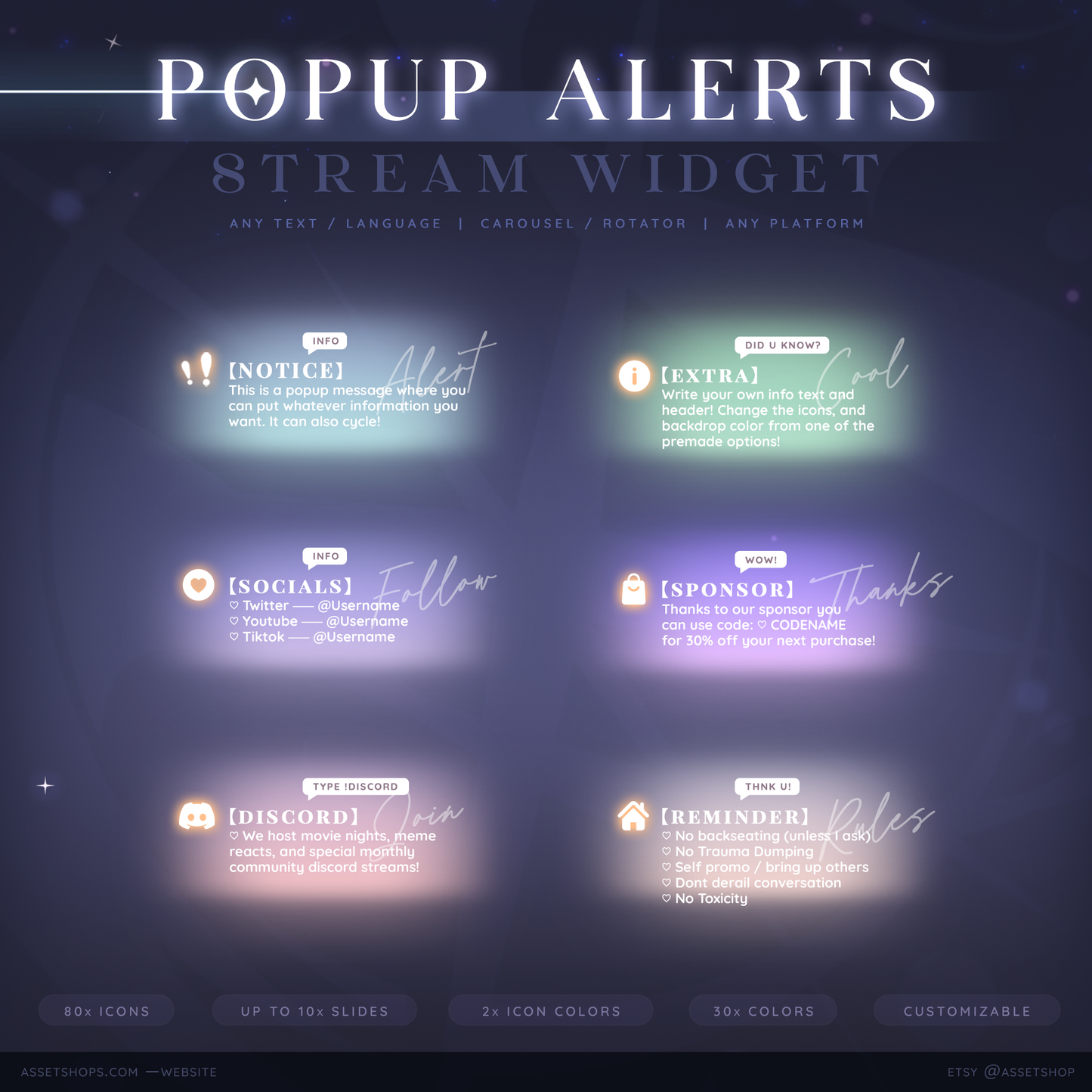 Popup Alerts โ Carousel, Cycling, Rotator | 10x Slides | Notices, Socials, Reminders, Events