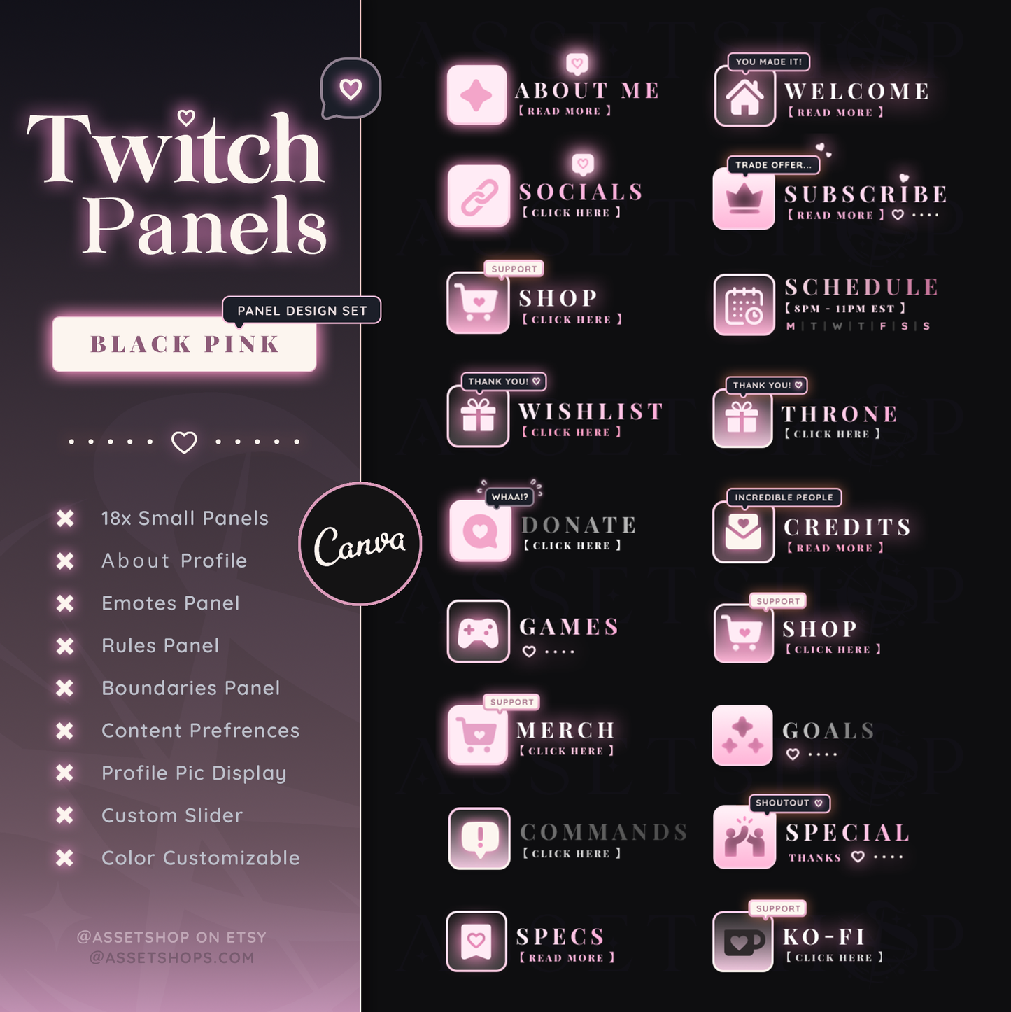 Black Pink Twitch Panels - Customizable Canva | Pastel Punk Goth | Hearts/ Love | Edgy Skull Chains
