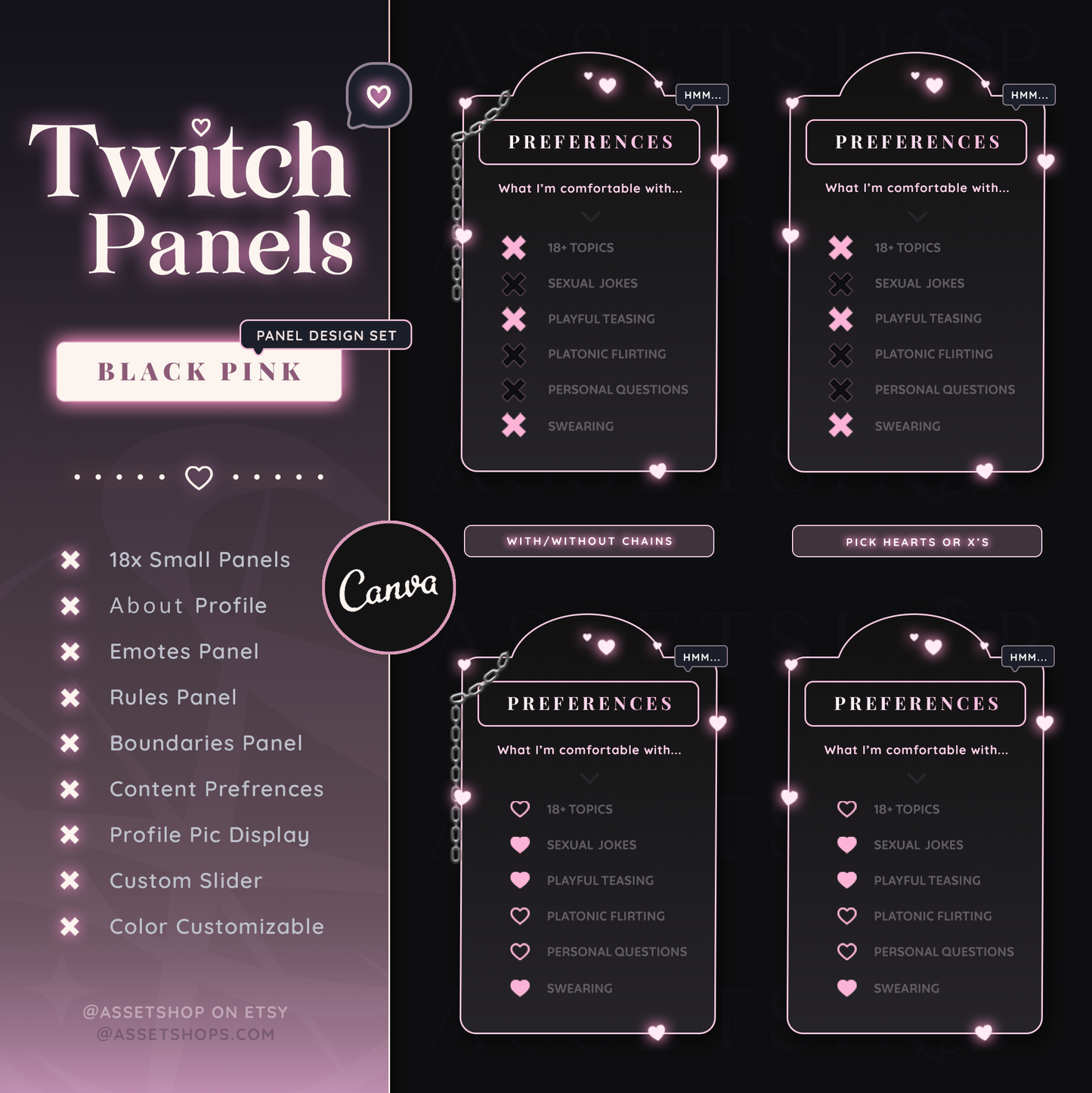 Black Pink Twitch Panels - Customizable Canva | Pastel Punk Goth | Hearts/ Love | Edgy Skull Chains