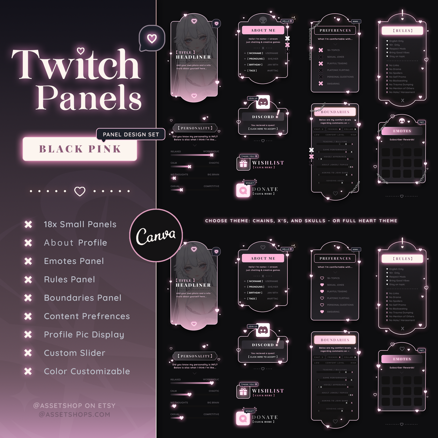 Black Pink Twitch Panels - Customizable Canva | Pastel Punk Goth | Hearts/ Love | Edgy Skull Chains