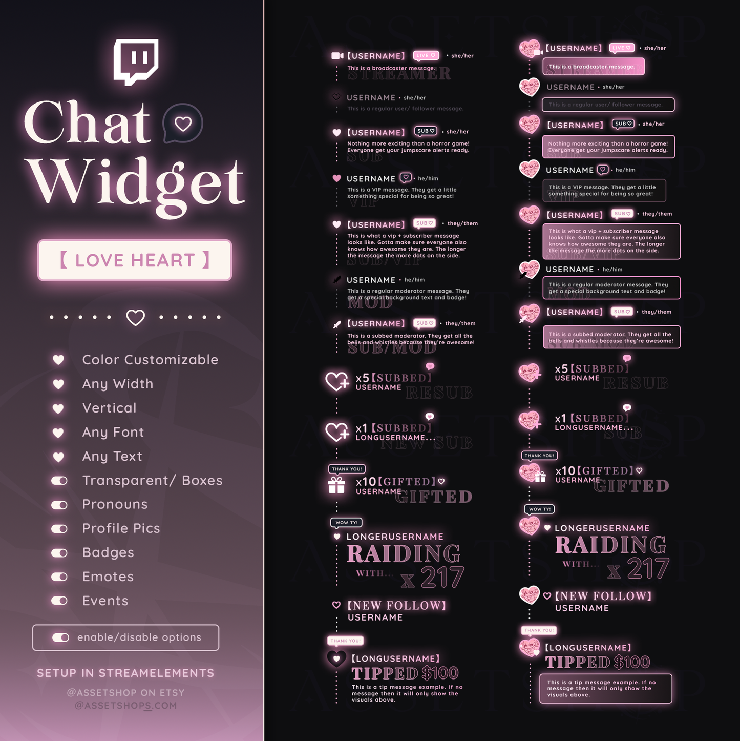 Heart Love Chat Widget - Twitch Color Customizable Chatbox