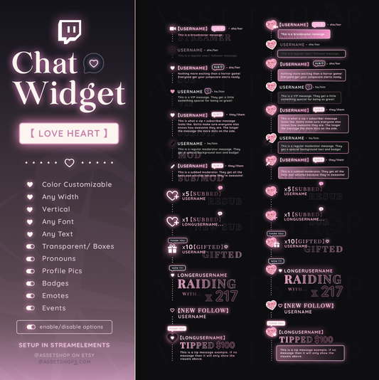 Heart Love Chat Widget - Twitch Color Customizable Chatbox