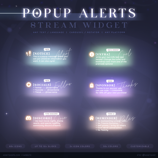 Popup Alerts — Carousel, Cycling, Rotator | 10x Slides | Notices, Socials, Reminders, Events
