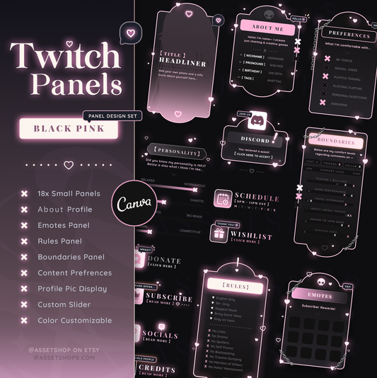 Black Pink Twitch Panels - Customizable Canva | Pastel Punk Goth | Hearts/ Love | Edgy Skull Chains