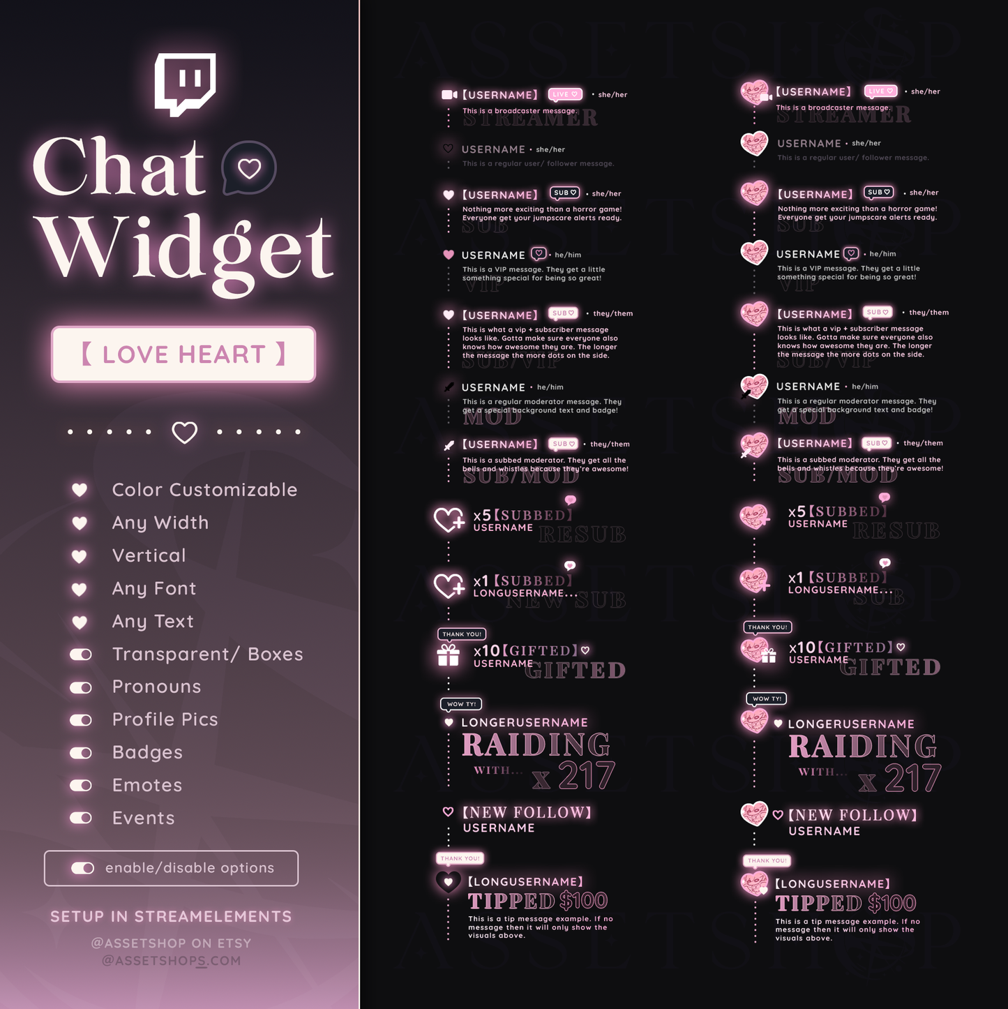 Heart Love Chat Widget - Twitch Color Customizable Chatbox