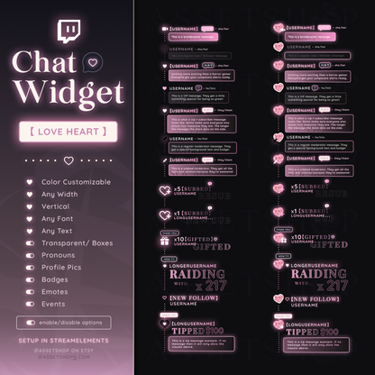 Heart Love Chat Widget - Twitch Color Customizable Chatbox