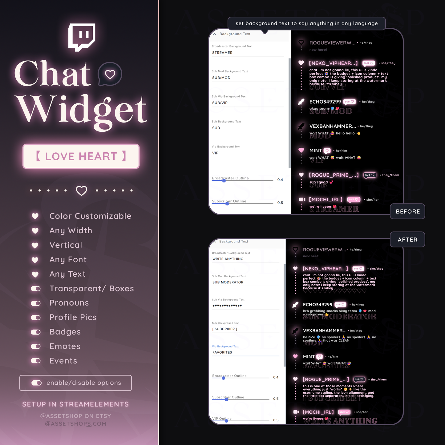 Heart Love Chat Widget - Twitch Color Customizable Chatbox
