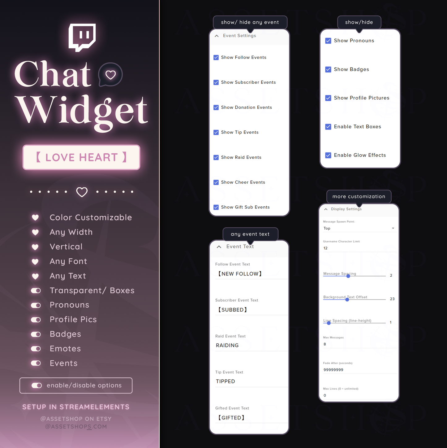 Heart Love Chat Widget - Twitch Color Customizable Chatbox